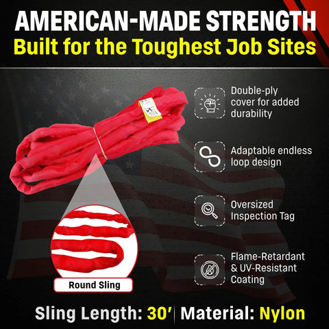 Red 30ft Endless Round Polyester Rigging Sling Built Tough For Industrial Lifting And Rigging Work Made In USA With 13,200 Lb Vertical Load And 10,560 Lb Choker Capacity. Red 30 ft endless round sling with inspection tag.