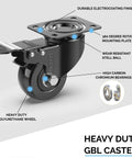 Heavy Duty Caster Wheels With Brakes And Screws Set Of 4 Each Up To 440 Lbs Capacity Silent Rubberized Trolley Castors For Furniture Pallets Or Equipment No Floor Marks Smooth Mobility And Easy Maneuvering Black showing close-up of wheel design and components