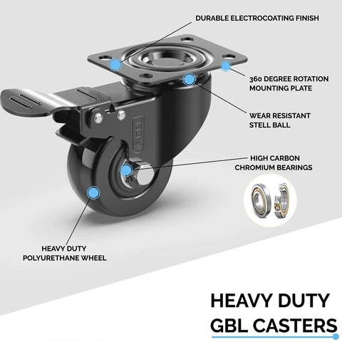 Heavy Duty Caster Wheels With Brakes And Screws Set Of 4 Each Up To 440 Lbs Capacity Silent Rubberized Trolley Castors For Furniture Pallets Or Equipment No Floor Marks Smooth Mobility And Easy Maneuvering Black showing close-up of wheel design and components