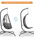 Cozy Outdoor Hanging Egg Chair With Stand For Patio And Garden, side view, foldable design, grey wicker with UV resistant cushion