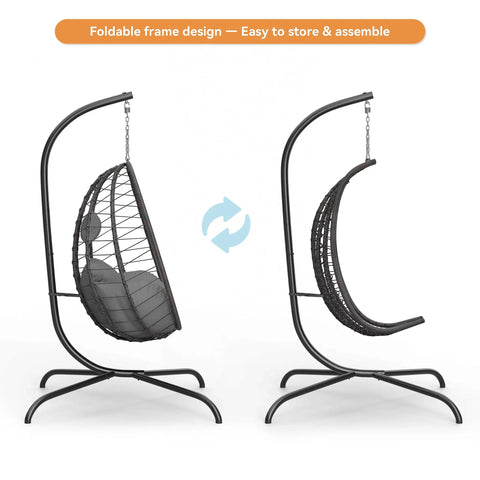 Cozy Outdoor Hanging Egg Chair With Stand For Patio And Garden, side view, foldable design, grey wicker with UV resistant cushion