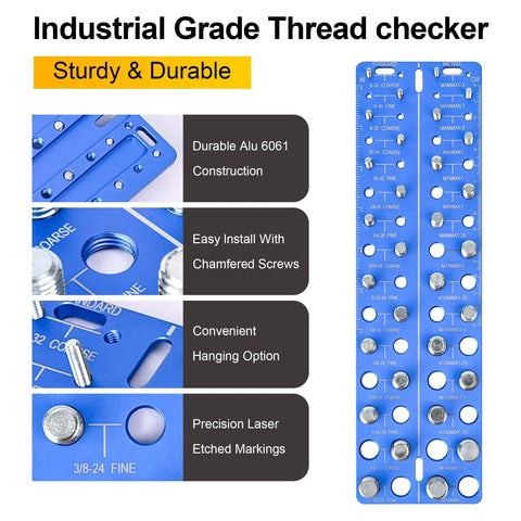 Front view of blue aluminum 30-in-1 thread checker gauge with wall-mount and standard/metric sizes.