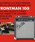 Stratocaster Style Electric Guitar Starter Kit With Frontman 10G Amp, Black, shown with player in background, text overlay.