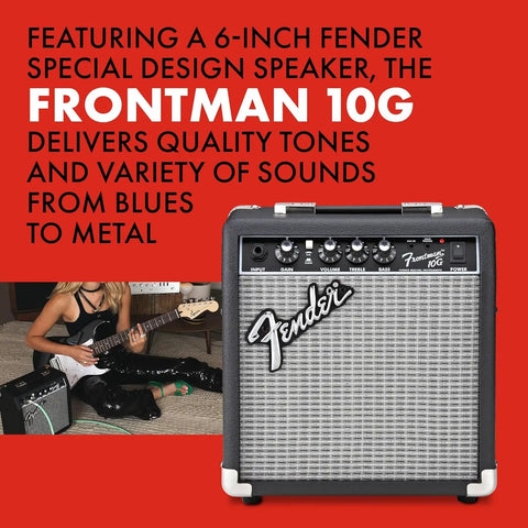 Stratocaster Style Electric Guitar Starter Kit With Frontman 10G Amp, Black, shown with player in background, text overlay.
