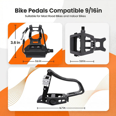 Toe Cage Bike Pedals For Regular Or Clipless Shoes, 9 16 Inch Spindle, Heavy Duty Pedals Dimensions 3.6in, 3.8in, and 6.7in