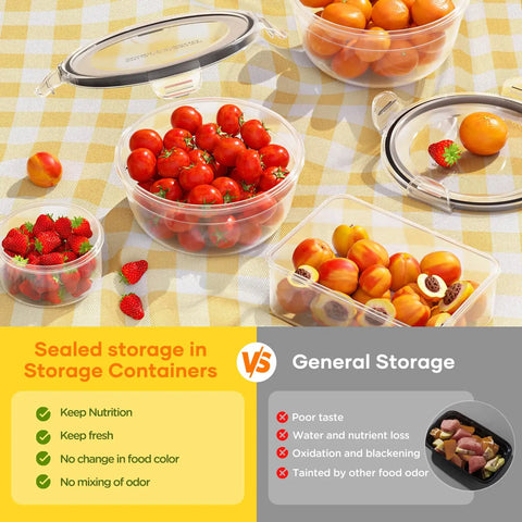 52 Piece Airtight BPA Free Food Storage Containers With Lids Set For Kitchen Organization shown with fresh fruits on table