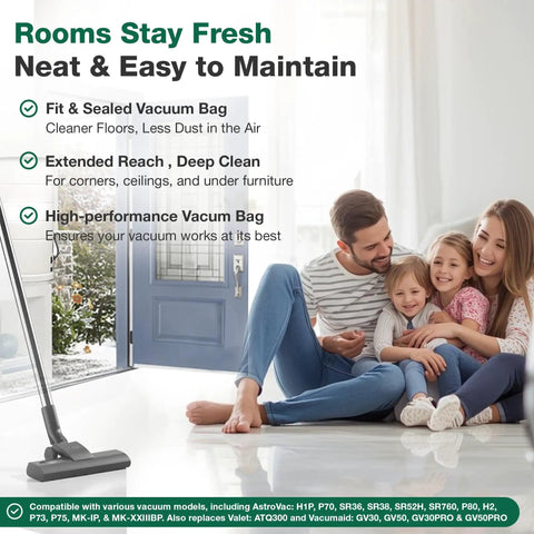 Family on sofa with vacuum cleaner promoting Six Pack High Efficiency Vacuum Bags For AstroVac Central Vacuum Systems