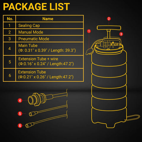 Image of Big 15L Pneumatic And Manual Oil Extractor Pump for cars, boats, and lawn mowers with package list and dipstick tubes.