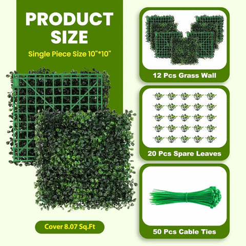 Artificial Grass Wall Panel Kit With 12 Boxwood Panels 10x10 Inches For Greenery Walls Outdoor Privacy Fence Screen Backdrop, showing 12 panels, spare leaves, and ties.
