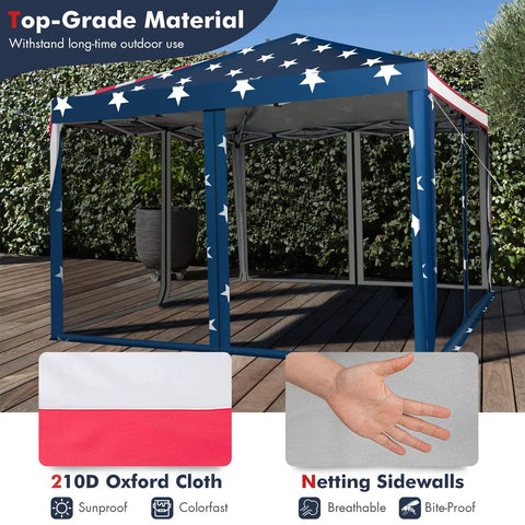 Easy Up 10x10 Pop Up Canopy With Netting And Mesh Sidewalls, Carrying Bag, Adjustable Height, American Flag Outdoor Shade Tent for Backyard