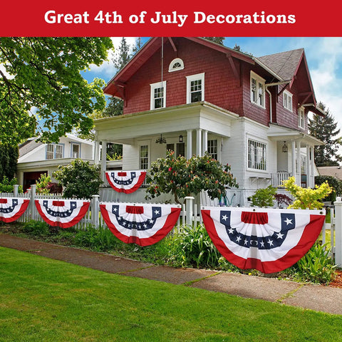Big 2x4 Ft Pleated American Flag Bunting Half Fan Set Of 5 For Indoor Outdoor Red White Blue USA displayed on white fence
