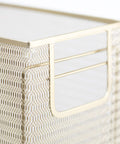 Detail of a vertical gold magazine file holder from the Gold Desk File Folder Organizer Set With Hanging File Holder Letter Size Tray Magazine File Organizer Pen Cup Sticky Note Holder And Sorter For A Tidy Desktop Office.