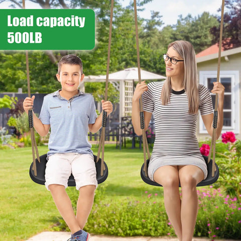 Two Pack Heavy Duty Swing Seats With 500 Pound Capacity And Wider Swing Board Anti Slip Surface Height Adjustable Rope From Fifty To Eighty Inches Built For Backyard Patio Garden Playground with two people enjoying swings.