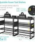 Power Tool Organizer With Charging Station Wall Mount 2 Pack For Cordless Drills And Tools Built In Outlets For DEWALT Ryobi Craftsman Milwaukee Makita Bosch Garage Organization That Keeps Your Shop Tight shown with adjustable shelves and dimensions.