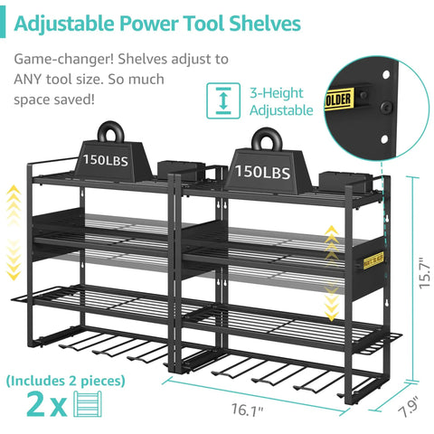 Power Tool Organizer With Charging Station Wall Mount 2 Pack For Cordless Drills And Tools Built In Outlets For DEWALT Ryobi Craftsman Milwaukee Makita Bosch Garage Organization That Keeps Your Shop Tight shown with adjustable shelves and dimensions.