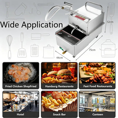 Heavy Duty Commercial Deep Fryer Oil Filter Machine 65L Capacity With Smooth Mobile Cart And Fast 30 Liters Per Minute Filtration Speed in a kitchen setting.