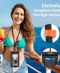 Woman on a cruise with IP68 Floating Waterproof Phone Pouch Two Pack Fits Up To 8.5 Inches With Secure Locking Submersible Case.