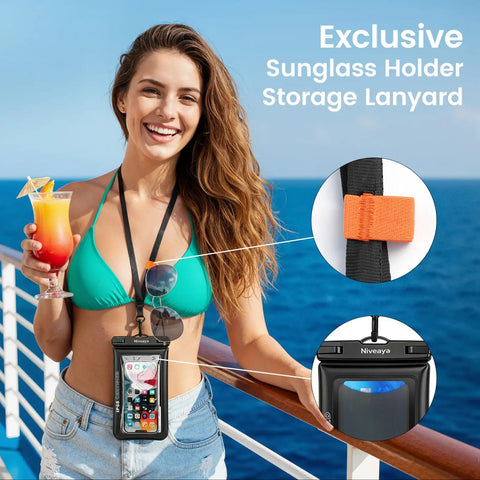 Woman on a cruise with IP68 Floating Waterproof Phone Pouch Two Pack Fits Up To 8.5 Inches With Secure Locking Submersible Case.