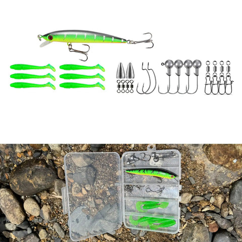 Go To Telescopic Fishing Pole Combo With Spinning Reels travel kit with lures, hooks, and sinkers on a rocky surface
