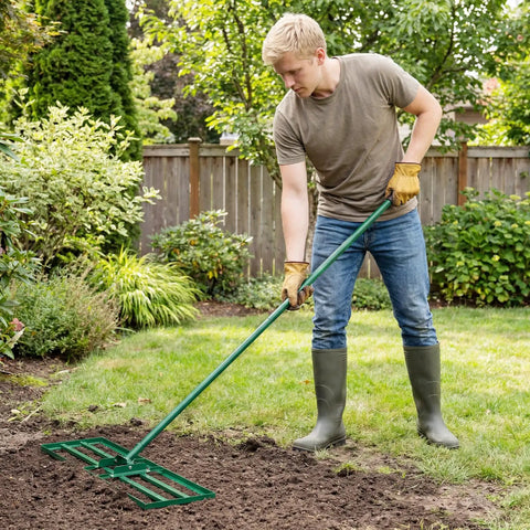 Person using 30 By 10 Inch Lawn Leveling Rake For Soil Sand Dirt Beefed Up Heavy Duty Ground Leveler in garden