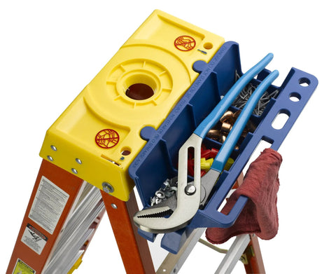 Blue Ladder Accessory Kit With Open Storage Channel And Utility Hooks attached to ladder with tools and rag visible.