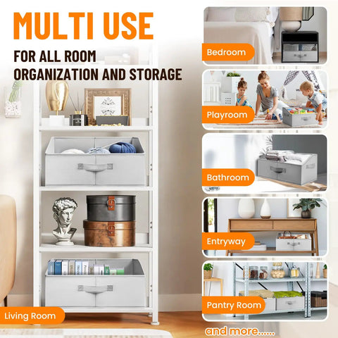 Large Capacity Collapsible Closet Storage Bins with Handles Four Pack for clothes and toys shown in various room uses