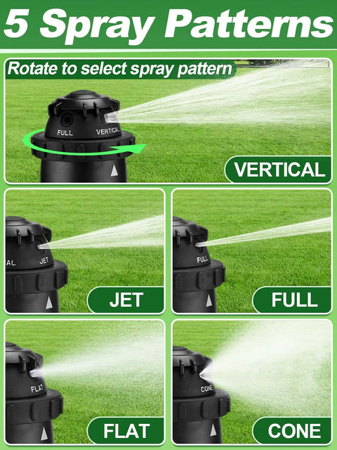 Sturdy Zinc Alloy Base Lawn Sprinkler with Adjustable Spray Coverage and Five Spray Pattern Modes for Medium Yards, spray patterns shown.