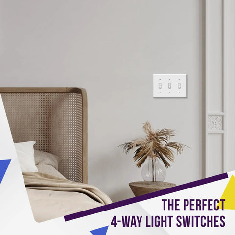 Four Way Toggle Light Switch For Residential Use 15A 125V 60Hz in bedroom next to wooden bed and plant