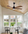 Geelife 52" 5PCS Solid Wood Blades Ceiling Fan with Lights Remote Control in a bright sunroom with large windows.