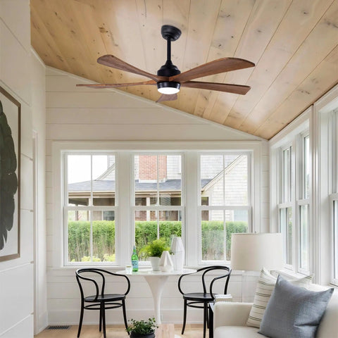 Geelife 52" 5PCS Solid Wood Blades Ceiling Fan with Lights Remote Control in a bright sunroom with large windows.