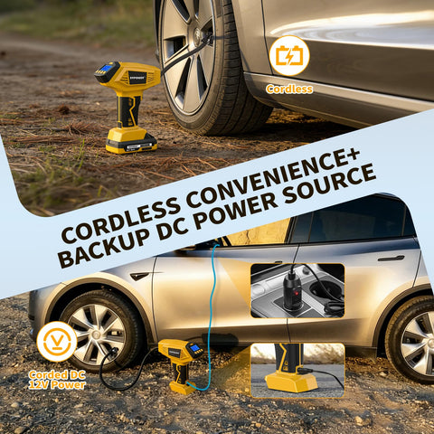 Cordless Tire Inflator Portable Air Compressor With 160 PSI 4X Faster Inflation Rechargeable 20V Battery And 12V DC Dual Power Digital Gauge shown inflating car tire and using DC power source.