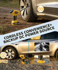 On The Go Tire Inflator With Auto Shut Off And 160 PSI powering a car tire, shown with dual power modes from battery or car lighter.