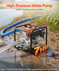 Heavy Duty Gas Powered Water Pump 2 Inch 142 GPM 7HP Portable Semi Trash Pump in muddy water for effective drainage operations.