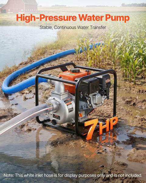 Heavy Duty Gas Powered Water Pump 2 Inch 142 GPM 7HP Portable Semi Trash Pump in muddy water for effective drainage operations.