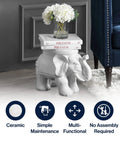 White Elephant Ceramic Garden Stool 14.25 Inch Glazed Elephant Seat For Indoor Outdoor Use as side table in living room.
