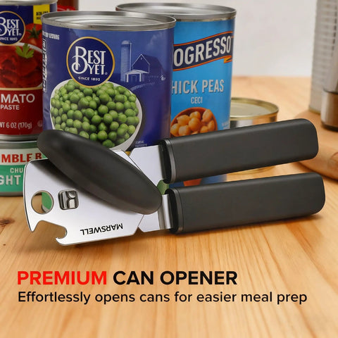 Easy Turn Manual Can Opener With Comfy Grip From Marswell next to canned goods on kitchen counter
