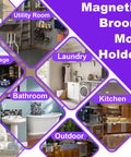 Graphic showing various rooms including garage, laundry, bathroom, kitchen with text 'Magnetic Broom Mop Holder'
