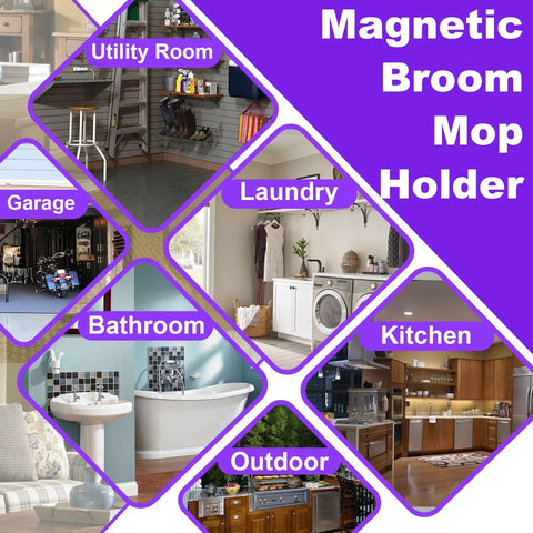 Graphic showing various rooms including garage, laundry, bathroom, kitchen with text 'Magnetic Broom Mop Holder'