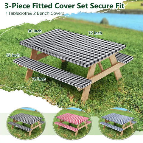 Picnic Table Cover With Bench Covers 72x30 Inches 3 Piece Set Elastic Edges Fitted Table And Seat Covers With Drawstring Bag for outdoor settings.