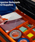 Person using MODbox Tray Work Top Grab And Go Portable Work Surface for organizing notepads and supplies in modular compartments.