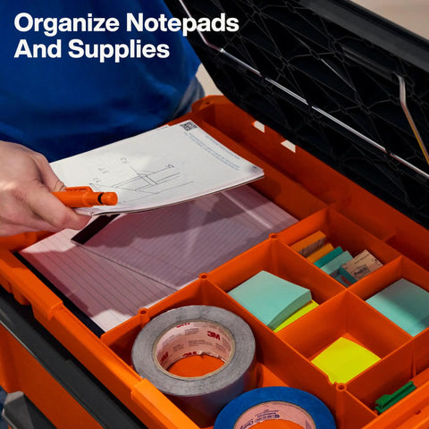 Person using MODbox Tray Work Top Grab And Go Portable Work Surface for organizing notepads and supplies in modular compartments.