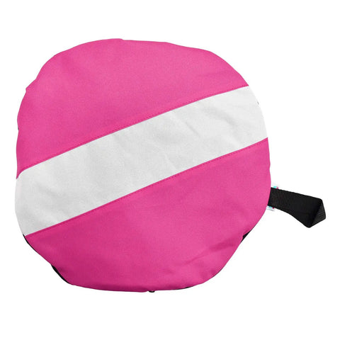 Collapsible Mesh Duffle Bag For Dive Gear With 600D Polyester in pink, round folded view, black handle visible