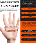 Sizing chart for Orange 8 Mil Heavy Duty Diamond Textured Nitrile Disposable Gloves, showing hand width and circumference methods.