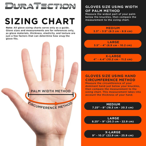 Sizing chart for Tough As Nails 8 Mil Orange Nitrile Disposable Gloves Featuring Diamond Textured Grip Extra Thick Heavy Duty Work Gloves For Industrial Trades And Daily Grind Box Of 100 X Large.