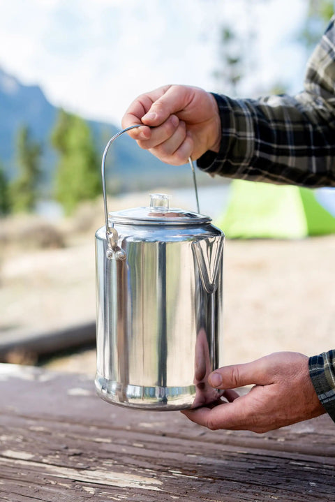Camper's Percolator Coffee Pot For Camping 9 Cup Aluminum Brew Coffee Pot Rustproof High Gloss Finish With Percolator Stem And Basket