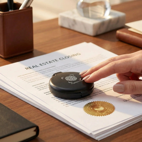 Dual Pack Portable Fingerprint Ink Pad For Secure Identity Checks And Legal Documents Featuring Fast Drying Dark Formula With Pro Grade Sponge Base in use on real estate closing documents.