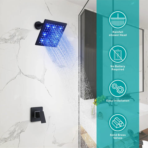 Dope Matte Black 8 Inch LED Rain Shower Head Set With Wall Mount, Single Function Trim Kit And Rough In Valve in a modern bathroom