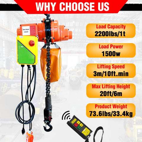 Electric chain hoist with orange motor, green control box, and heavy-duty chain with hook.