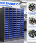 75 Drawer Nut And Bolt Bins Organizer With Alloy Steel Construction in grey and blue, shown in workshop setting.