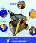 Heavy Duty Welding Cart With Two Tiers And 360 Degree Rolling Mobility Four Drawers And Tank Storage Safety Chains Built For TIG MIG And Plasma Cutter Tough As Nails Steel Construction 280 Pound Capacity Easy Roll Welder Organizer with labeled features